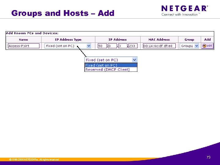 Groups and Hosts – Add © 1996 -2006 NETGEAR ®. All rights reserved. 73