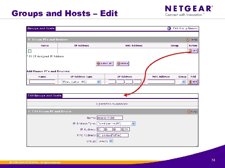 Groups and Hosts – Edit © 1996 -2006 NETGEAR ®. All rights reserved. 74