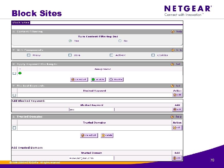 Block Sites © 1996 -2006 NETGEAR ®. All rights reserved. 78 