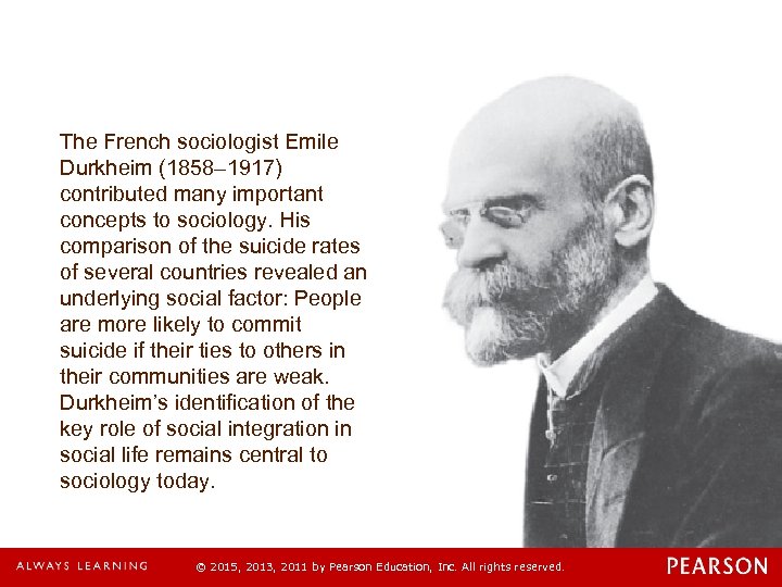 The French sociologist Emile Durkheim (1858– 1917) contributed many important concepts to sociology. His