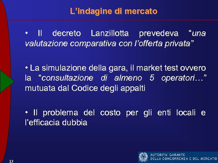 L’indagine di mercato • Il decreto Lanzillotta prevedeva “una valutazione comparativa con l’offerta privata”