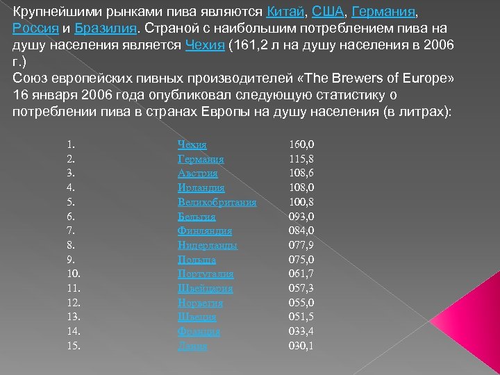 Крупнейшими рынками пива являются Китай, США, Германия, Россия и Бразилия. Страной с наибольшим потреблением