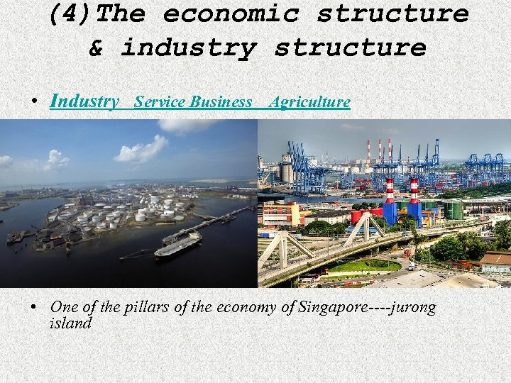 (4)The economic structure & industry structure • Industry Service Business Agriculture • One of