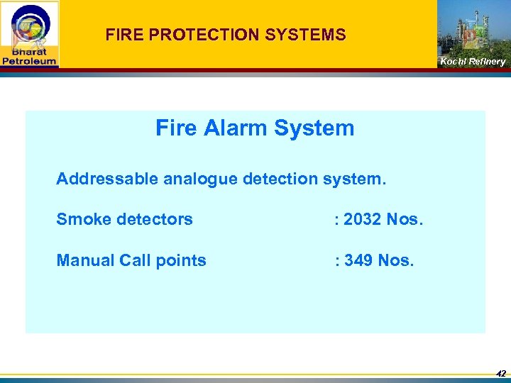 FIRE PROTECTION SYSTEMS Kochi Refinery Fire Alarm System Addressable analogue detection system. Smoke detectors