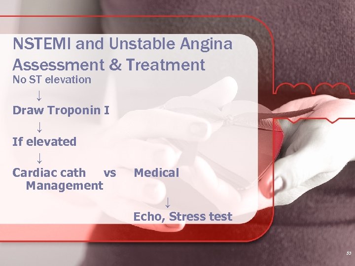 NSTEMI and Unstable Angina Assessment & Treatment No ST elevation ↓ Draw Troponin I