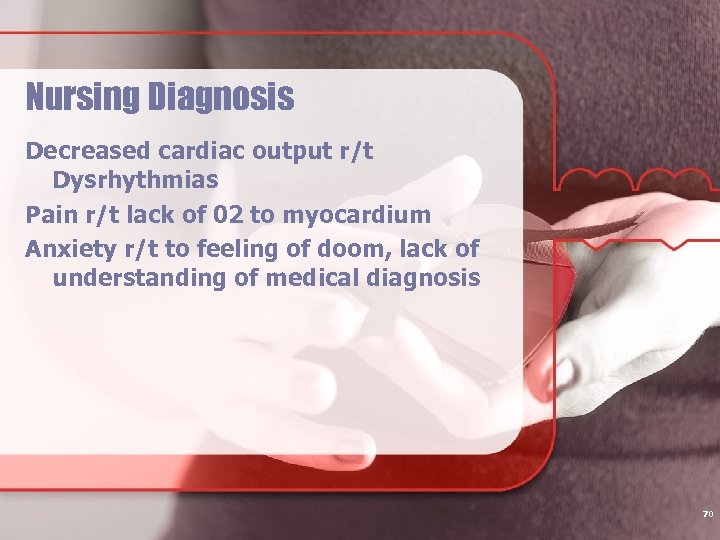 Nursing Diagnosis Decreased cardiac output r/t Dysrhythmias Pain r/t lack of 02 to myocardium