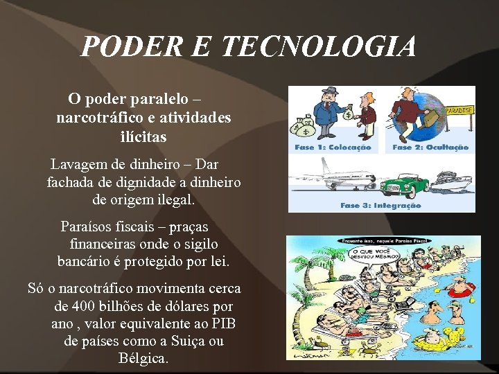 PODER E TECNOLOGIA O poder paralelo – narcotráfico e atividades ilícitas Lavagem de dinheiro