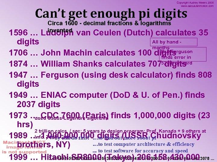 Copyright Audrey Weeks 2005 www. calculusinmotion. com Can’t get enough pi digits Circa 1600