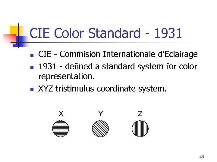 CIE Color Standard - 1931 n n n CIE - Commision Internationale d’Eclairage 1931