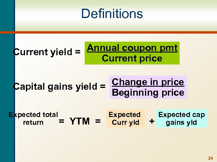 Definitions Annual coupon pmt Current yield = Current price Capital gains yield = Change