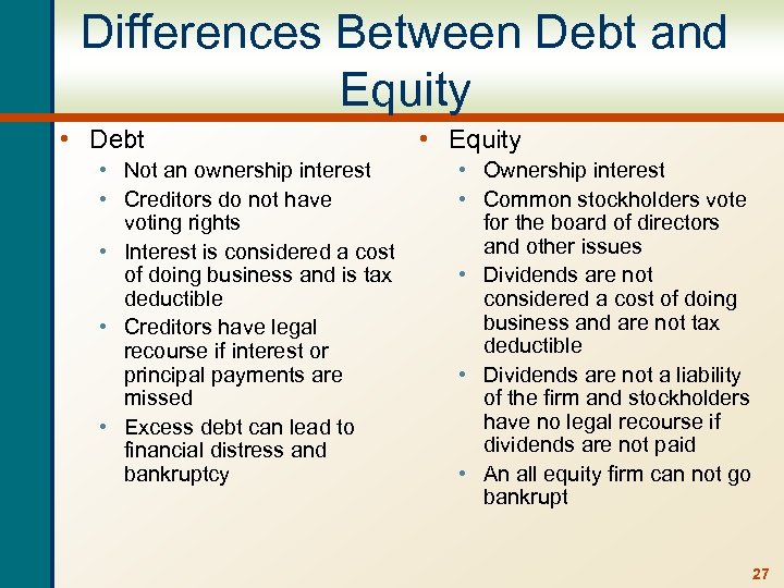 Differences Between Debt and Equity • Debt • Not an ownership interest • Creditors