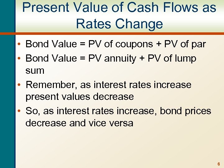 Present Value of Cash Flows as Rates Change • Bond Value = PV of