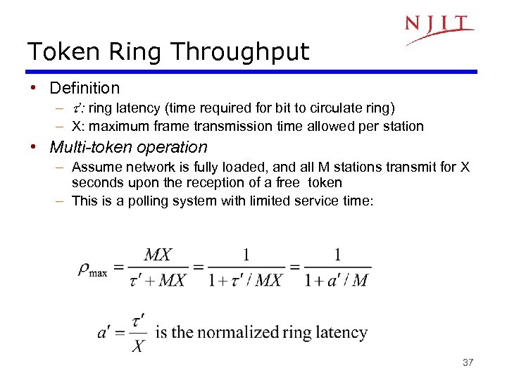 Token Ring Throughput • Definition – ’: ring latency (time required for bit to