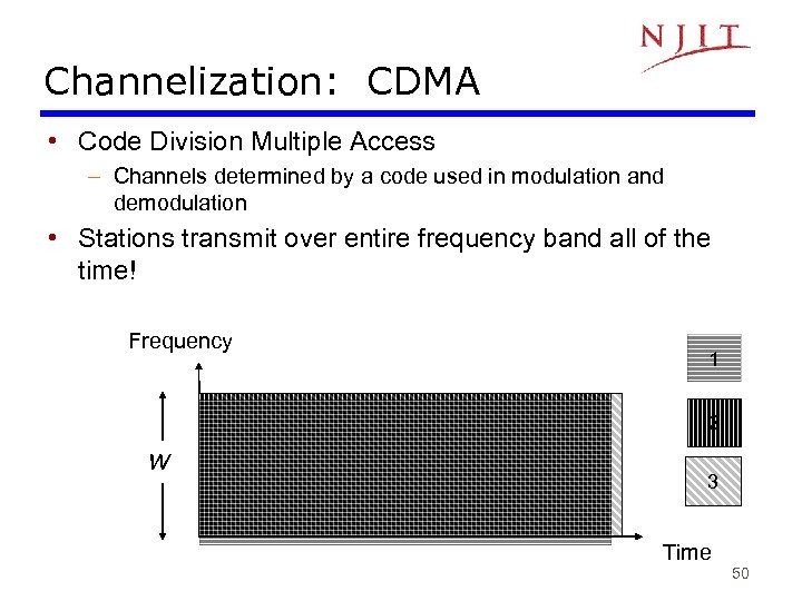 Channelization: CDMA • Code Division Multiple Access – Channels determined by a code used