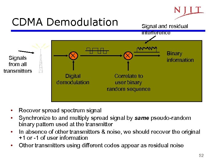 CDMA Demodulation Signals from all transmitters • • Signal and residual interference Digital demodulation