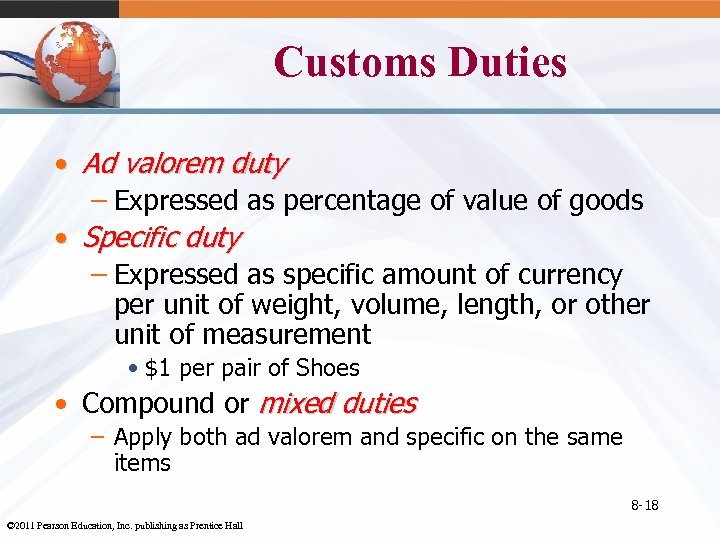 Customs Duties • Ad valorem duty – Expressed as percentage of value of goods