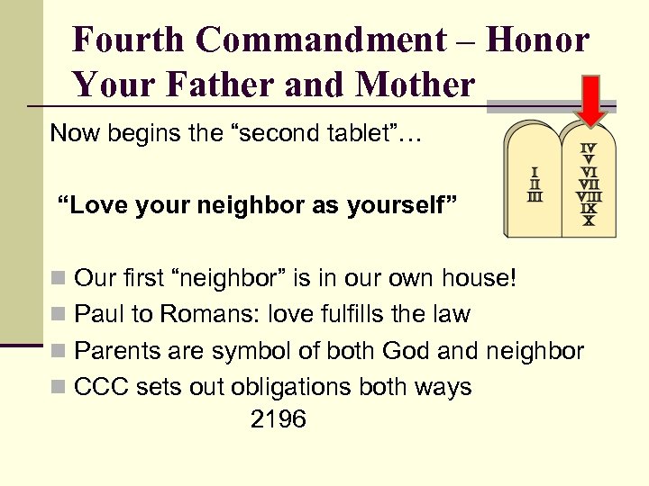 Fourth Commandment – Honor Your Father and Mother Now begins the “second tablet”… “Love