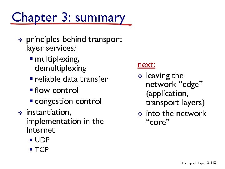 Chapter 3: summary v v principles behind transport layer services: § multiplexing, demultiplexing §