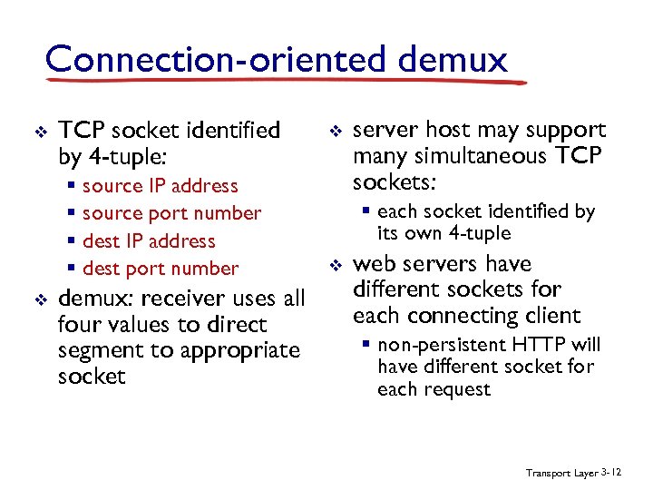 Connection-oriented demux v TCP socket identified by 4 -tuple: § source IP address §