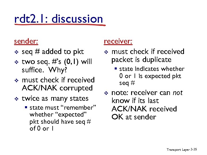 rdt 2. 1: discussion sender: v seq # added to pkt v two seq.