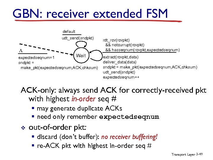 GBN: receiver extended FSM default udt_send(sndpkt) L Wait expectedseqnum=1 sndpkt = make_pkt(expectedseqnum, ACK, chksum)