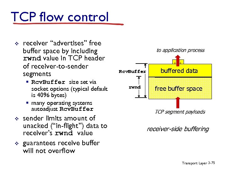 TCP flow control v receiver “advertises” free buffer space by including rwnd value in