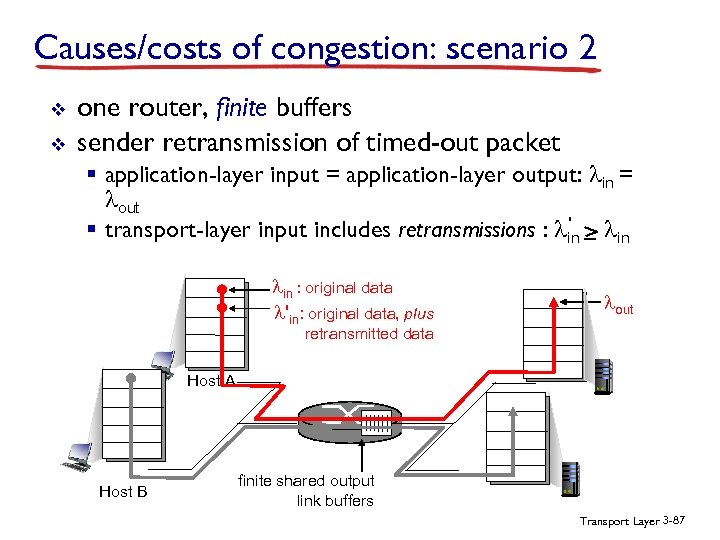 Causes/costs of congestion: scenario 2 v v one router, finite buffers sender retransmission of