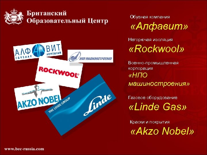 Обувная компания «Алфавит» Негорючая изоляция «Rockwool» Военно-промышленная корпорация «НПО машиностроения» Газовое оборудование «Linde Gas»