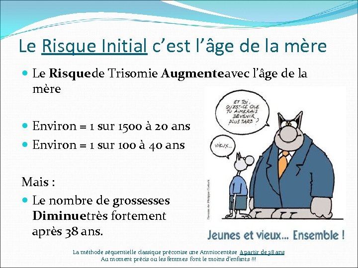 Le Risque Initial c’est l’âge de la mère Le Risque de Trisomie Augmente avec