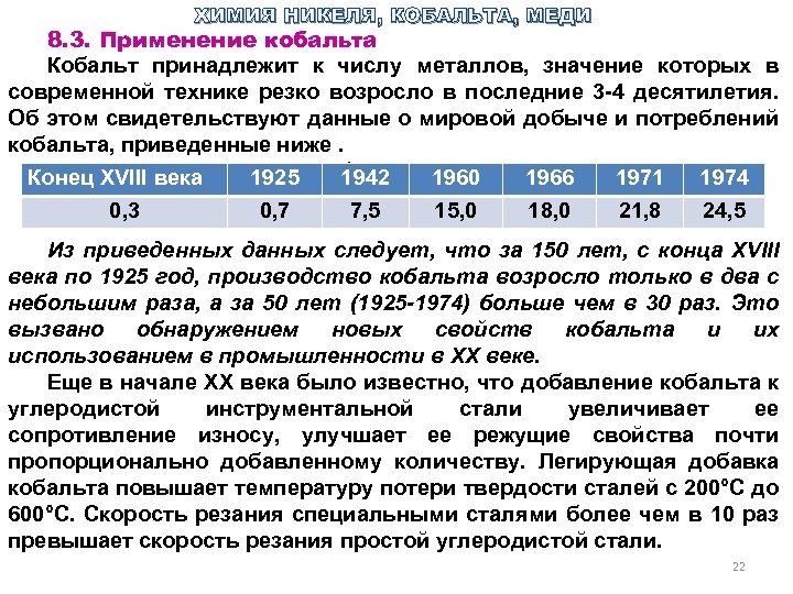 ХИМИЯ НИКЕЛЯ, КОБАЛЬТА, МЕДИ 8. 3. Применение кобальта Кобальт принадлежит к числу металлов, значение