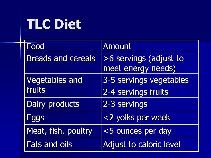 TLC Diet Food Amount Breads and cereals >6 servings (adjust to meet energy needs)