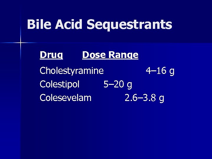 Bile Acid Sequestrants Drug Dose Range Cholestyramine 4– 16 g Colestipol 5– 20 g