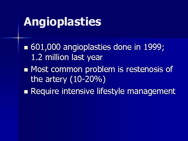 Angioplasties 601, 000 angioplasties done in 1999; 1. 2 million last year n Most