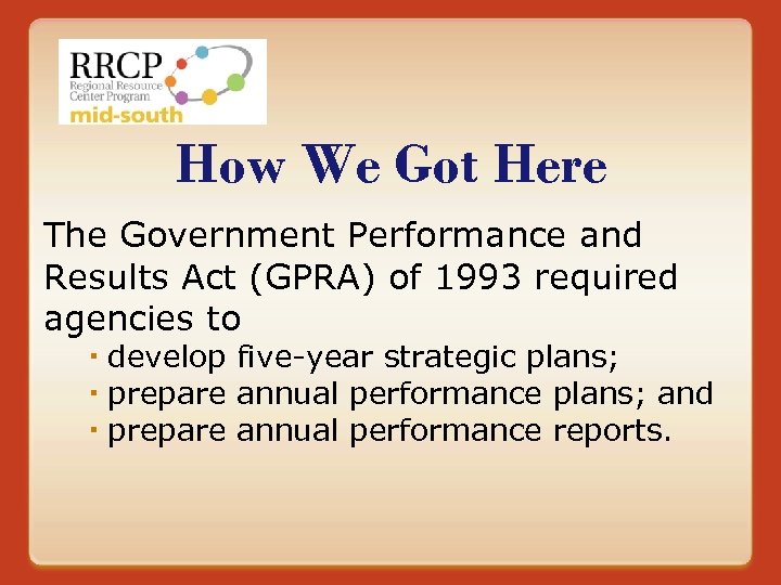 How We Got Here The Government Performance and Results Act (GPRA) of 1993 required