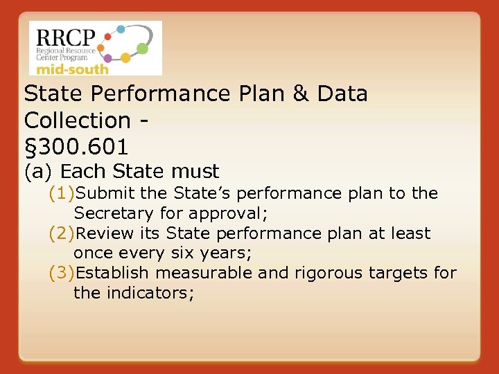 State Performance Plan & Data Collection § 300. 601 (a) Each State must (1)Submit