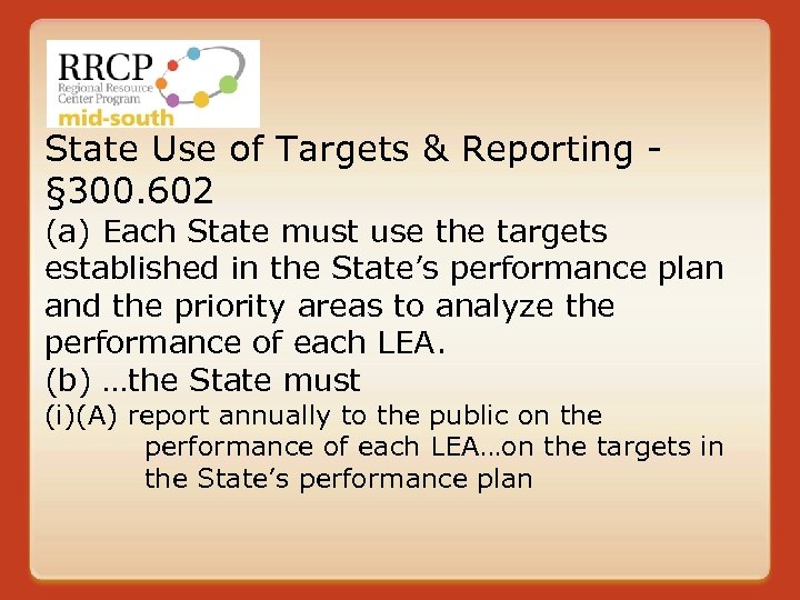 State Use of Targets & Reporting § 300. 602 (a) Each State must use