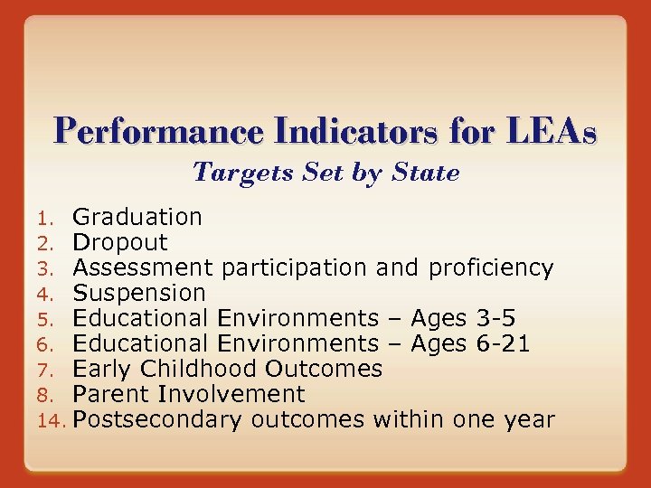 Performance Indicators for LEAs Targets Set by State 1. Graduation 2. Dropout 3. Assessment