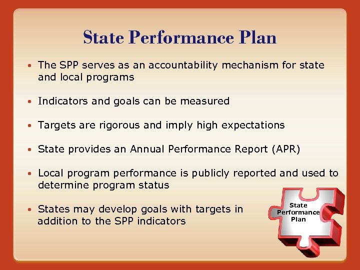 State Performance Plan The SPP serves as an accountability mechanism for state and local