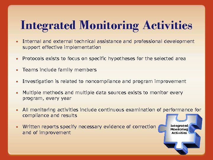 Integrated Monitoring Activities Internal and external technical assistance and professional development support effective implementation