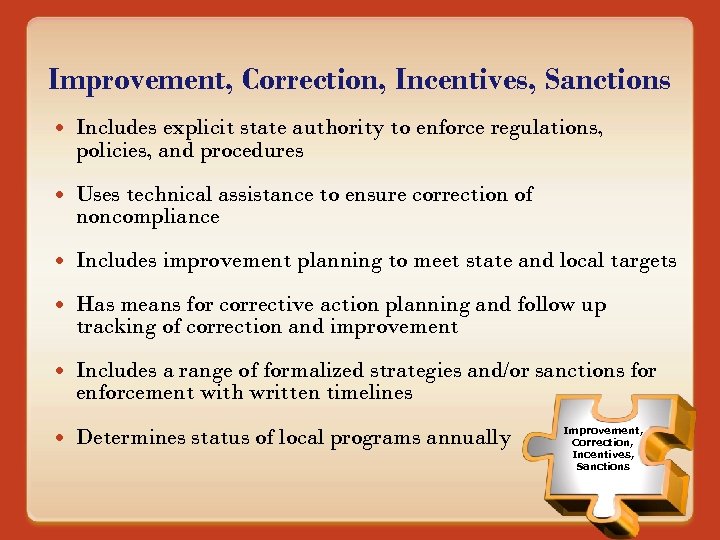 Improvement, Correction, Incentives, Sanctions Includes explicit state authority to enforce regulations, policies, and procedures