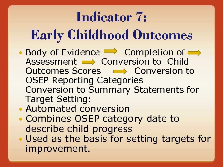 Indicator 7: Early Childhood Outcomes Body of Evidence Completion of Assessment Conversion to Child