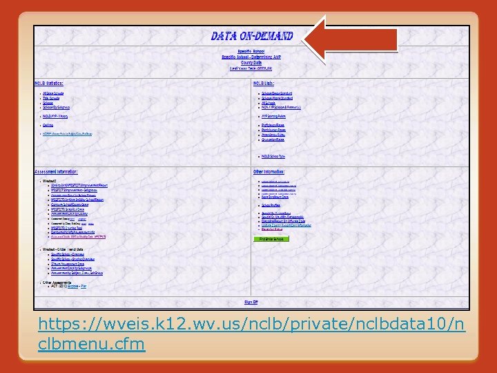 https: //wveis. k 12. wv. us/nclb/private/nclbdata 10/n clbmenu. cfm 
