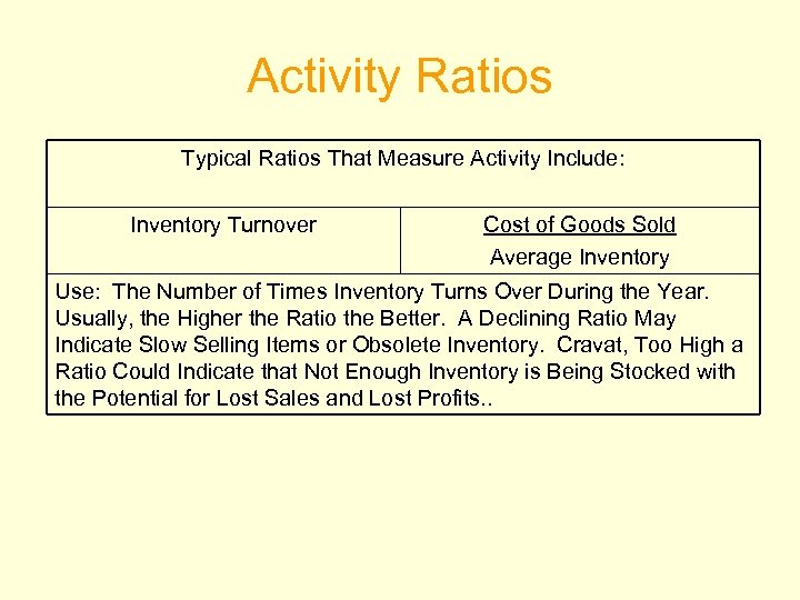 Activity Ratios Typical Ratios That Measure Activity Include: Inventory Turnover Cost of Goods Sold