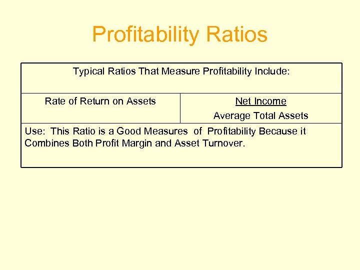 Profitability Ratios Typical Ratios That Measure Profitability Include: Rate of Return on Assets Net