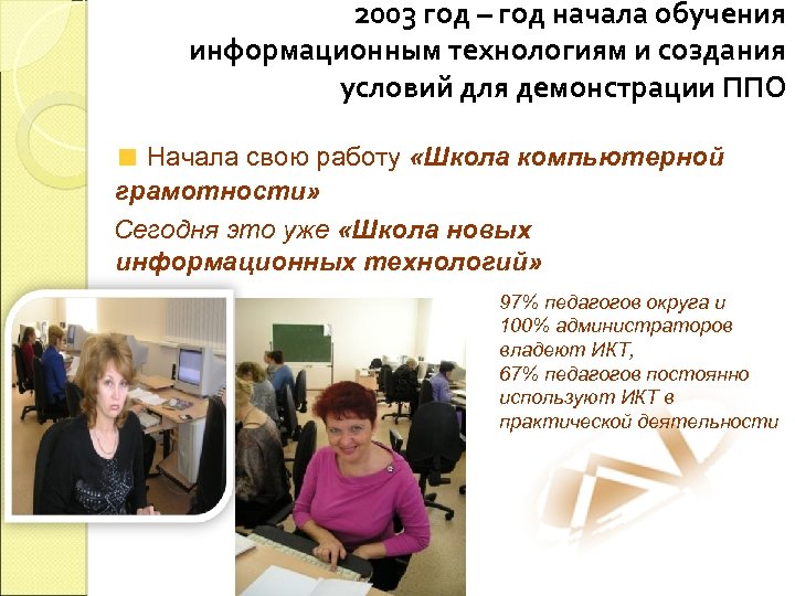 2003 год – год начала обучения информационным технологиям и создания условий для демонстрации ППО