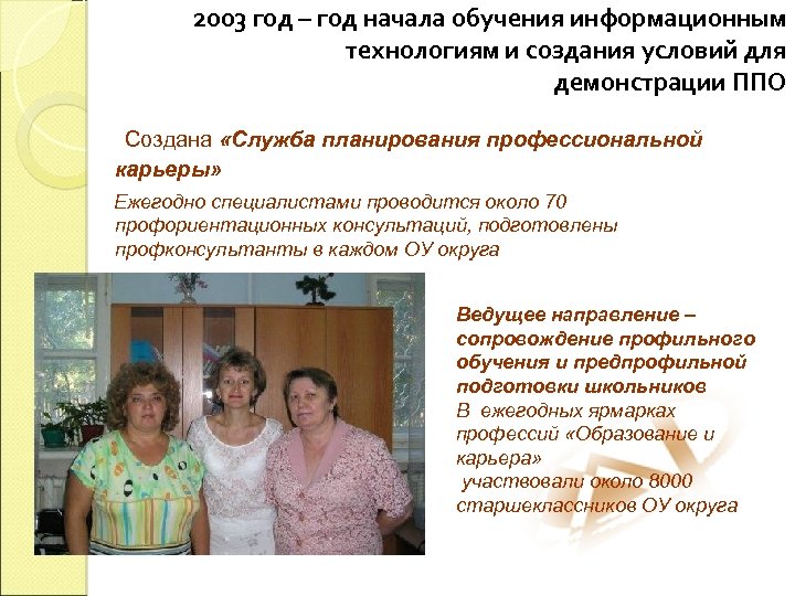 2003 год – год начала обучения информационным технологиям и создания условий для демонстрации ППО