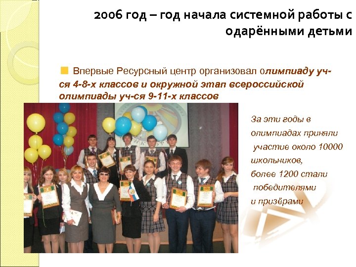 2006 год – год начала системной работы с одарёнными детьми Впервые Ресурсный центр организовал