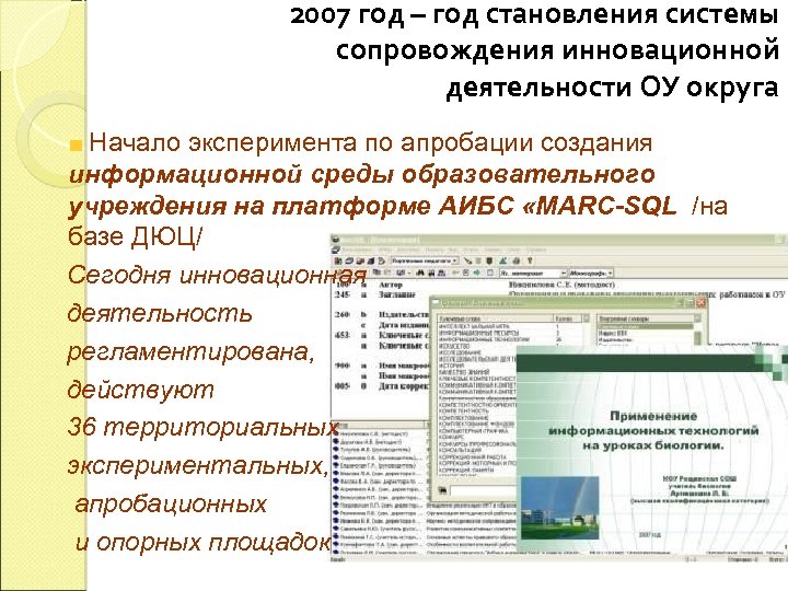 2007 год – год становления системы сопровождения инновационной деятельности ОУ округа Начало эксперимента по