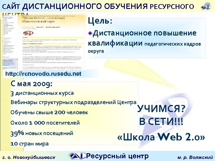 САЙТ ДИСТАНЦИОННОГО ОБУЧЕНИЯ РЕСУРСНОГО ЦЕНТРА Цель: Дистанционное повышение квалификации педагогических кадров округа http: //rcnovodo.