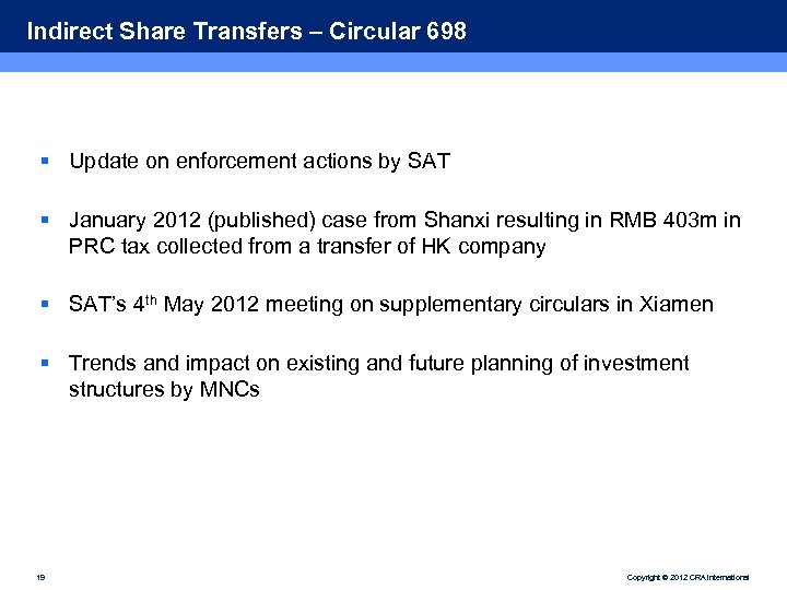 Indirect Share Transfers – Circular 698 § Update on enforcement actions by SAT §